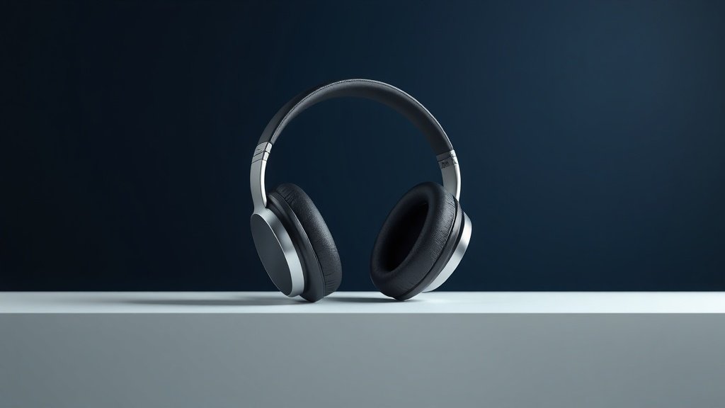 A single pair of sleek over-ear headphones resting on a minimal white surface against a deep navy background. Soft directional studio lighting catches the smooth curves of the ear cups and the glossy headband, casting a gentle shadow beneath. The headphones face slightly to the side, highlighting their modern sculptural form. Clean, sharp, and elegantly composed.