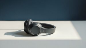 A pair of over-ear headphones resting on a clean minimal desk surface against a deep navy background, soft directional side lighting revealing the cushion texture and headband detail, photorealistic product photography, no people, no text, 16 by 9 horizontal format, modern and professional aesthetic