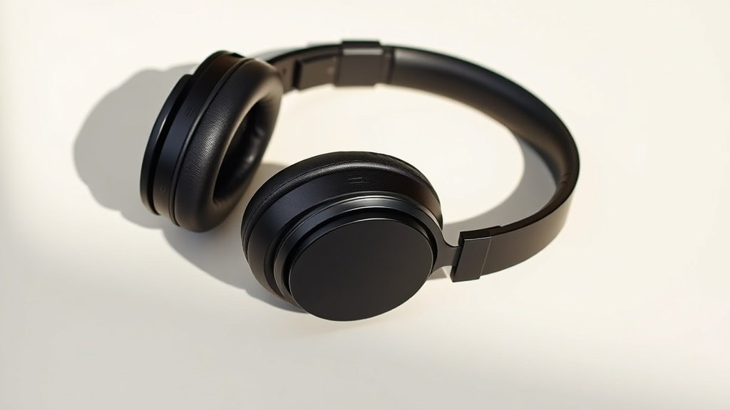A pair of premium over-ear wireless headphones resting on a minimalist off-white surface, shot from a slight elevated angle with soft directional side lighting, deep shadow gradients emphasising the headband and earcup detail, clean background with no clutter, photorealistic studio product photography, 16 to 9 horizontal frame