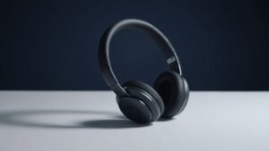 A single pair of sleek on-ear headphones resting upright on a minimal white surface against a deep navy background. Soft directional side lighting highlights the smooth matte headband and compact circular ear cups, casting a gentle shadow beneath. The design feels modern and refined, with subtle metallic accents catching the light. Clean, editorial product photography with no distractions.