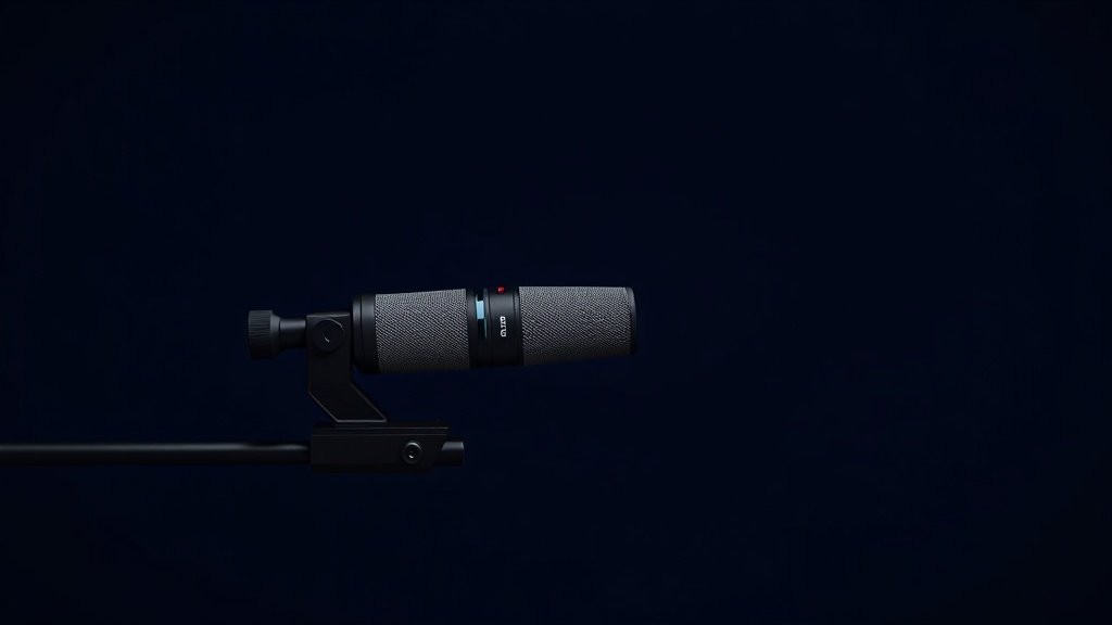 A professional shotgun microphone mounted on a studio boom pole lying horizontally against a deep navy background. Soft side lighting reveals the interference tube and body detail in photorealistic clarity. No people, no hands, no text, no accessories in frame. Clean minimal product photography at 16 by 9 aspect ratio.