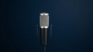 A single sleek condenser microphone with a polished silver grille and matte black body mounted on a minimal desktop stand, photographed against a deep navy background. Soft directional studio lighting catches the metallic texture of the capsule housing, casting a gentle shadow to one side. The composition is clean and centered with generous negative space surrounding the microphone.