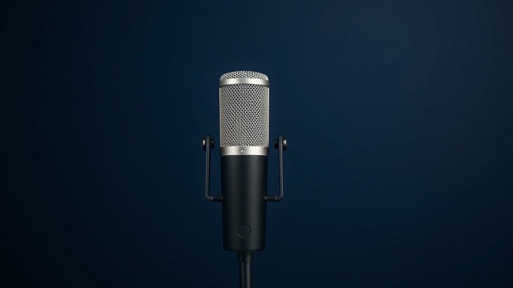 A single sleek condenser microphone with a polished silver grille and matte black body mounted on a minimal desktop stand, photographed against a deep navy background. Soft directional studio lighting catches the metallic texture of the capsule housing, casting a gentle shadow to one side. The composition is clean and centered with generous negative space surrounding the microphone.