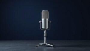 A single large-diaphragm condenser microphone stands upright on a minimal desktop microphone stand, centered against a clean deep navy background. Soft directional studio lighting falls from the left side, casting a gentle shadow to the right and highlighting the metallic mesh grille and cylindrical body. The surface beneath is dark and matte, giving the scene a sleek, professional editorial quality.