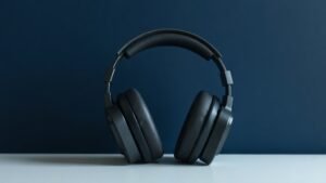 A single pair of closed-back over-ear gaming headphones resting on a minimal surface against a deep navy background. The headset features a sleek angular design with cushioned ear cups and an adjustable padded headband. Soft directional side lighting sculpts the contours of the headphones, casting subtle shadows that emphasize texture and form. The composition is clean, centered, and photorealistic.