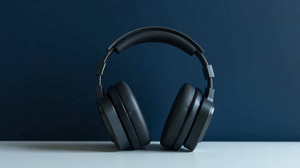 A single pair of closed-back over-ear gaming headphones resting on a minimal surface against a deep navy background. The headset features a sleek angular design with cushioned ear cups and an adjustable padded headband. Soft directional side lighting sculpts the contours of the headphones, casting subtle shadows that emphasize texture and form. The composition is clean, centered, and photorealistic.