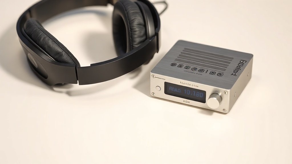 A high-end pair of over-ear headphones resting beside a compact desktop DAC and headphone amplifier unit on a clean off-white surface. Soft directional side lighting reveals the texture of the ear pads and the brushed aluminium of the DAC chassis. Photorealistic product photography, 16 by 9 horizontal format, no people, no text.