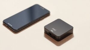 A compact portable headphone DAC amplifier dongle resting on a clean off-white surface next to a modern smartphone, both centred in frame, soft directional side lighting from the left, photorealistic product photography, deep shadow gradients, no hands, no people, no text, 16 by 9 horizontal composition