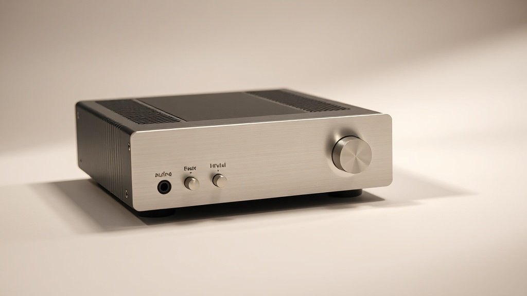 A compact headphone amplifier sitting on a clean off-white studio surface, photographed from a low front angle with soft side lighting revealing brushed aluminium fascia and front panel controls, deep shadow to the right, no background clutter, photorealistic product photography in 16 to 9 horizontal format